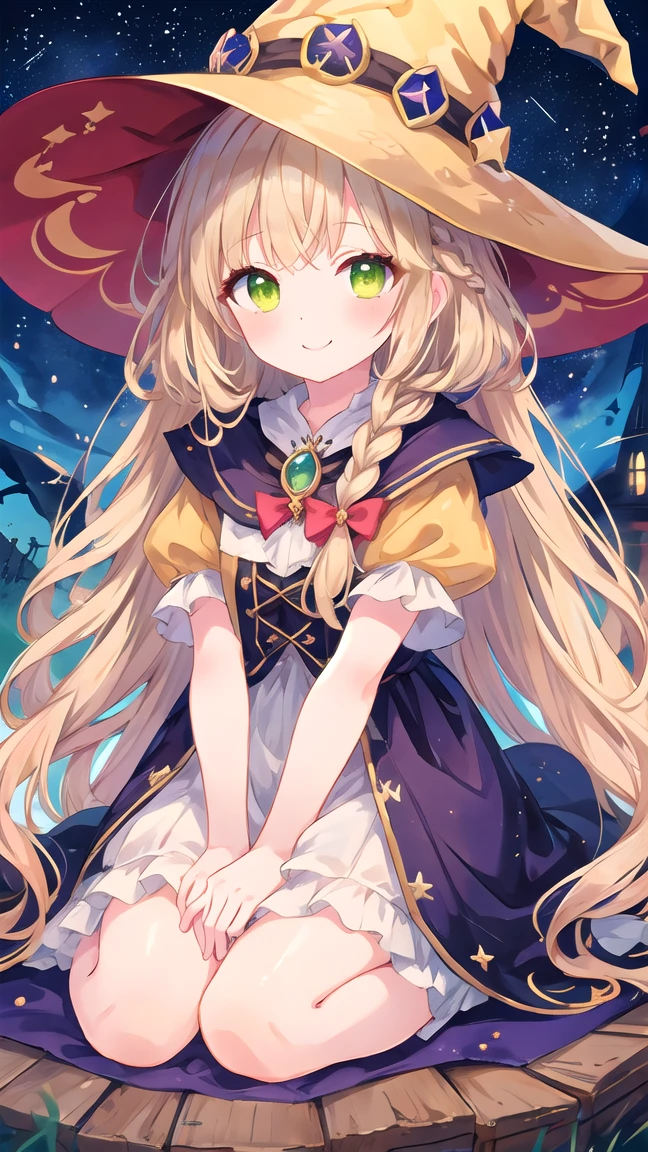 masterpiece, Highest quality, Very detailed, shape, Starry Sky,cute, girl, alone, smile, witch Hat,mysterious,Beige Hair,Yellow-green eyes,Super long hair,Braided bangs,witch'Clothes,ta Fashion,Simple Background,星の装飾の着いたwitchのClothes,Wizard,beautiful girl,Star and Moon motifs,紺色のClothes