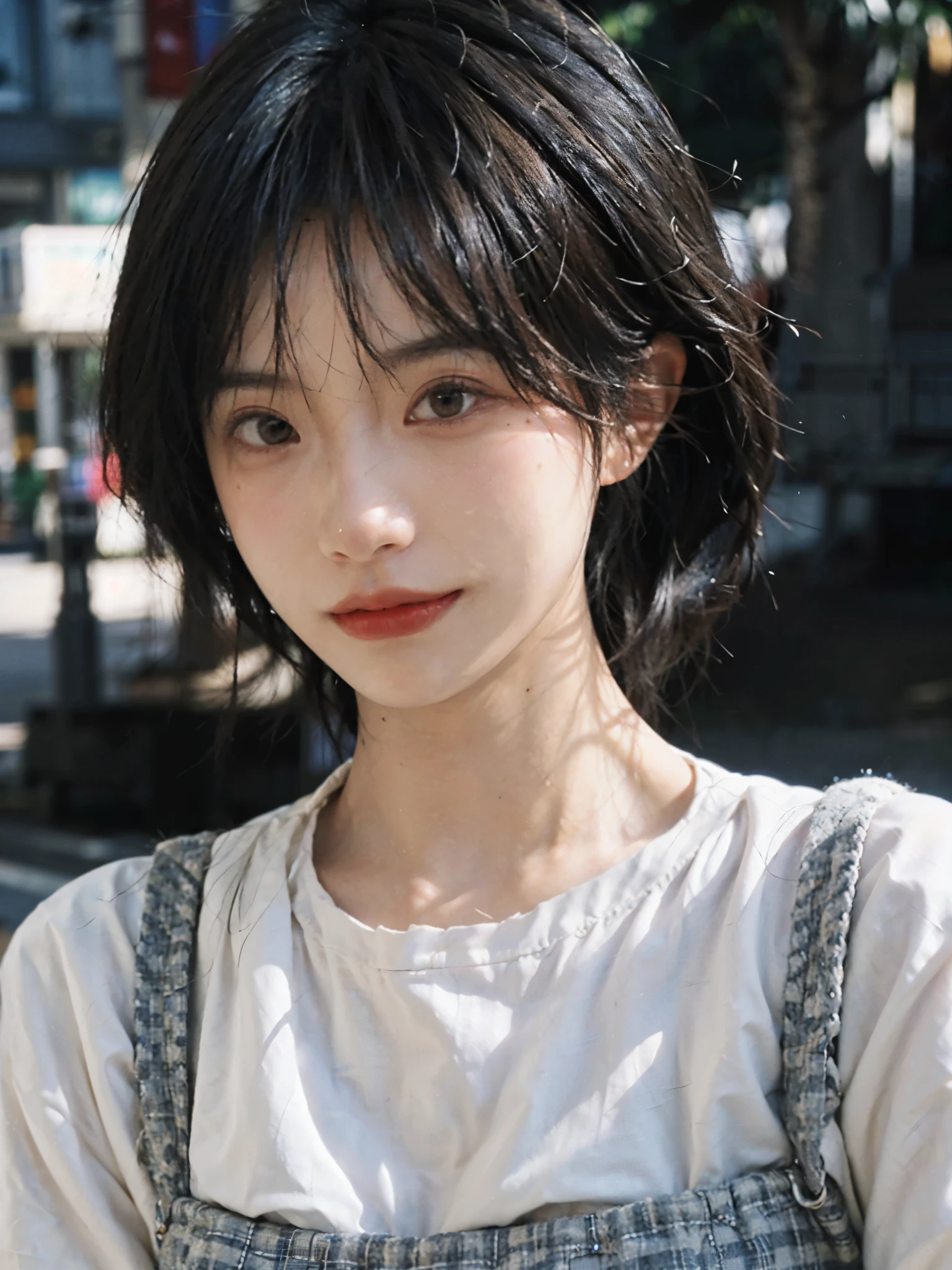 (Skin details:1.4), (smooth skin textures:1.3), （Upper body：1.4），（Upper Body：1.3）Lipstick, background, earrings, serene, calm, Suspenders，(Realistic and detailed eyes：1.2）, Natural skin texture, Realistic facial details, Soft dramatic lighting, Vivid details, 35 mm film, outdoor, (Photo Practical:1.4), (hyper Practical:1.4), (Practical:1.3), (Smoother lighting:1.05), (Improve lighting quality:0.9), (Highest quality real skin textures:1.4), Exquisite eyes, Delicate face, Close-up of face, (Enhance the beauty of skin texture:1.1), Hair details,（Large Breasts：1.3）normal body ratio, short hair, Moles under the eyes, A faint smile,Portrait Photography, Depth of Field, Bokeh, Surrealism, Ray Tracing, (Portrait Photography:1.1), Surrealism, High Detail, Chiaroscuro, Ray Tracing, reflected light, Ultra HD, Ultra HD, masterpiece, Textured Skin, Super Detail, High Detail, high quality, best quality