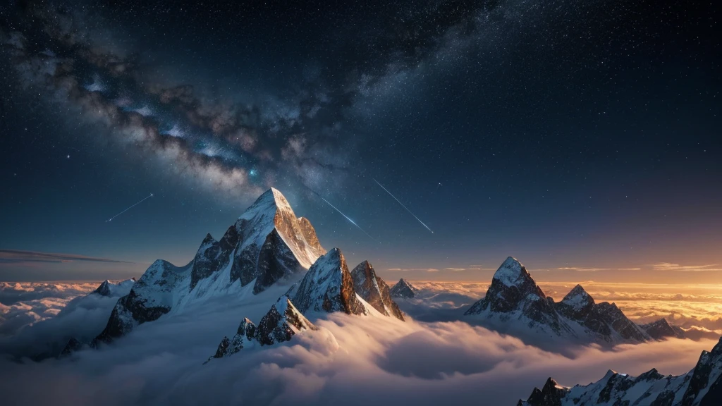 "A majestic mountain peak surrounded by swirling clouds under a starlit sky. At the summit, figures from different historical periods—ancient warriors, medieval scholars, and modern scientists—gather in quiet contemplation. Above them, constellations form intricate patterns resembling scenes from various cultures' afterlife beliefs, hinting at universal themes of cosmic interconnectedness and the enduring quest for understanding life's mysteries."