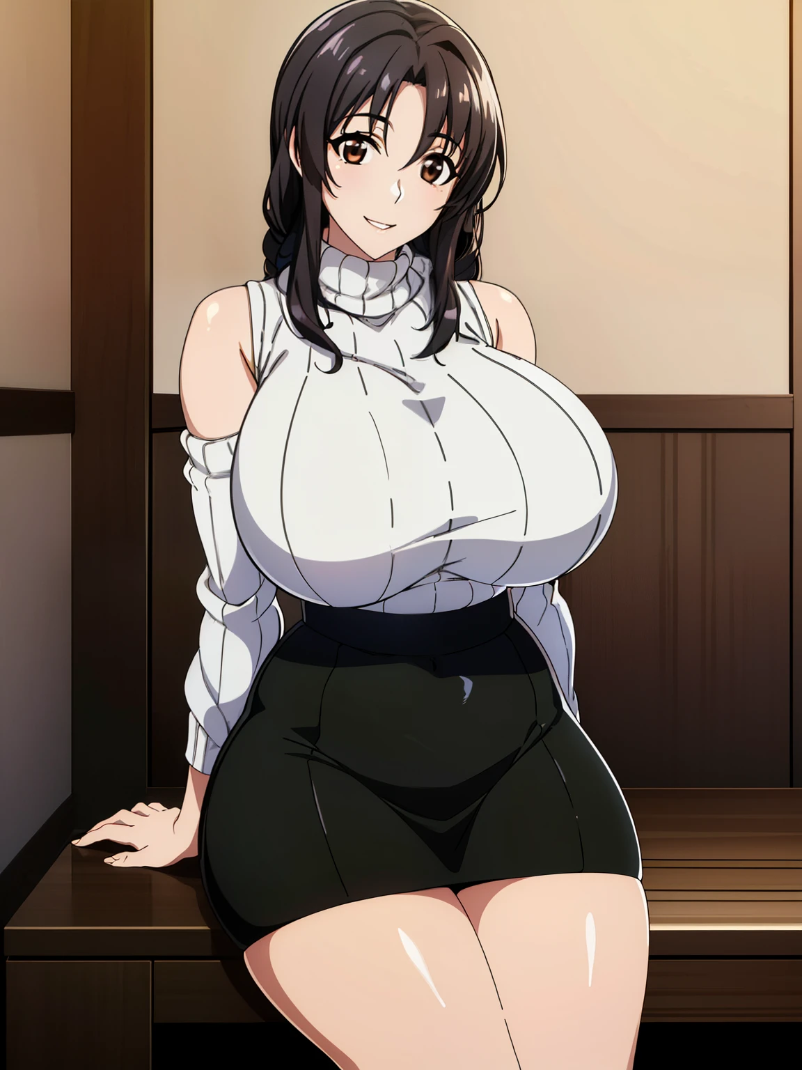 (超High resolution,4K,Very detailed, photograph, 8K, High resolution, High resolution, Absurd:1.2),35-year-old Japanese woman,Mature Body,expensive,(Long black hair:1.4),Beautiful character design,Beautifully detailed eye depiction,Perfect Face,Expressive eyes,Brown eyes,(Smiling with teeth showing:1.4),(White turtleneck sweater, No sleeve,Tight knit skirt:1.2),(Huge breasts:1.2),Tight waist,In the living room,Daytime,(face)