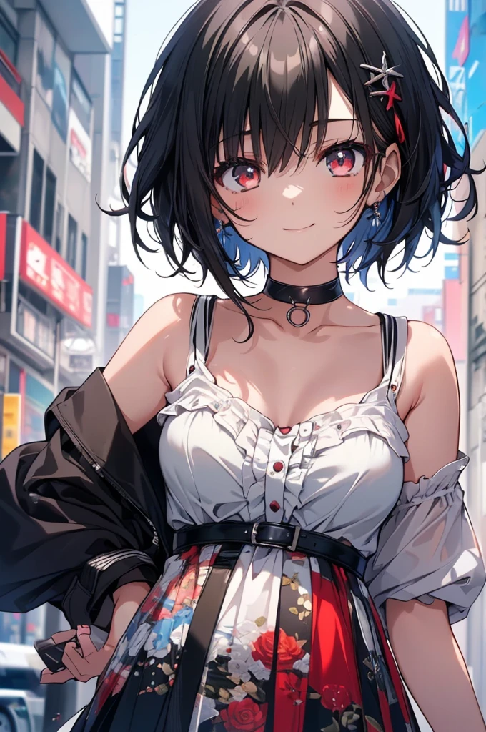 (masterpiece, highest quality, highest quality, (No text), Beautiful and aesthetic:1.2),No text,アニメ、BREAK,One Girl，Black Hair Girl　short hair　older sister　choker　Tree Eyes　Beautiful eyes　Red eyes　cool　smile　Red and Black　Black clothing　mini skirt　whole body　In town