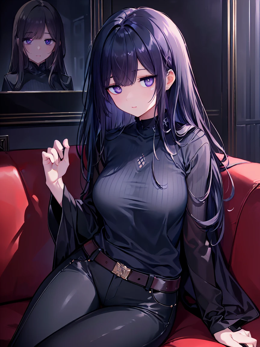 (Uhd, Masterpiece, Textured Skin, Super Detail, High Details, High Quality, Best Quality), Detailed Face, 1woman, mature pretty woman, ((Long Dark Blue eyes hair)), ((Black Secret agent clothes), (Pants), inside a facility center, (hiding behind a sofa), (Side Bangs over an eye), (Kawaii expression, cute), (trying to hide:1.5)