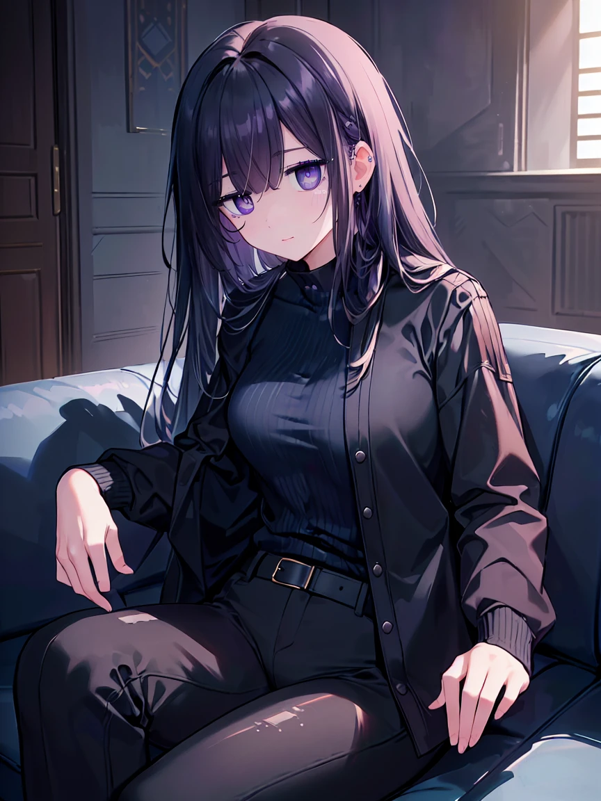 (Uhd, Masterpiece, Textured Skin, Super Detail, High Details, High Quality, Best Quality), Detailed Face, 1woman, mature pretty woman, ((Long Dark Blue eyes hair)), ((Black Secret agent clothes), (Pants), inside a facility center, (hiding behind a sofa), (Side Bangs over an eye), (Kawaii expression, cute), (trying to hide:1.5)