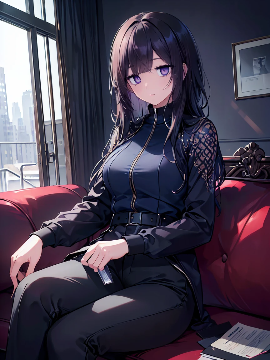 (Uhd, Masterpiece, Textured Skin, Super Detail, High Details, High Quality, Best Quality), Detailed Face, 1woman, mature pretty woman, ((Long Dark Blue eyes hair)), ((Black Secret agent clothes), (Pants), inside a facility center, (hiding behind a sofa), (Side Bangs over an eye), (Kawaii expression, cute), (trying to hide:1.5)