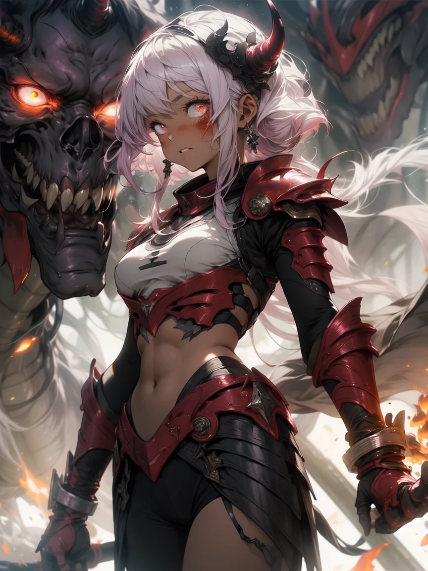 Be realistic,(masterpiece,highest quality,highest quality,very detailed,Fractal Art,Most detailed,(flower field background:1.5)(1 girl),Kamimei,(pink hair two tails),(Red eyes glow、big 、Toned abs,Stunned),Abyssal stock、Crystallization,比基尼、sexly、Pink Machine Armor、sunburned skin、Demon Horn、Berserk , (Burning white flame:1.4)