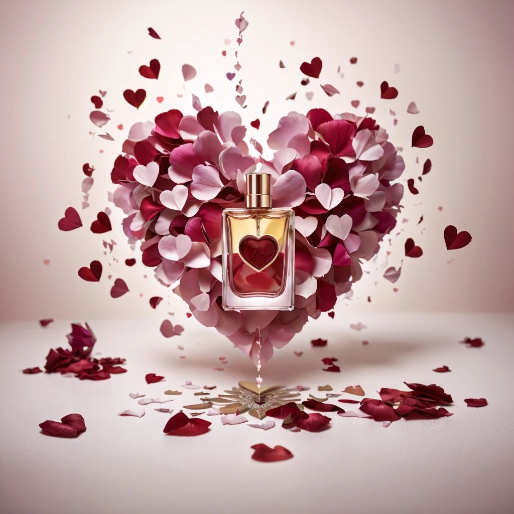 hanging perfume container spilling cascading red hearts transitioning with colorful rose petals to the floor, araffe heart shaped bottle of perfume with petals and hearts flying around, by Aleksander Kotsis, by Zofia Stryjenska, by Jakob Gauermann, by Arabella Rankin, by Emma Andijewska, by Anna Findlay, by Alfredo Volpi, by Mathias Kollros, by Gabriel Ba, by Anato Finnstark