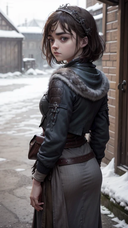 8k, Maisie Williams face, beautiful face, game of thrones character model, Maisie Williams as Arya Stark, smiling, pale white skin, toned abs, small breast, round ass, tight ass, tight asshole, tight pussy, virgin pussy, virgins body, her round ass visible, tied long brown hair, naked, standing stance, winterfell city in background, snowing, back View, sharp focus on her ass