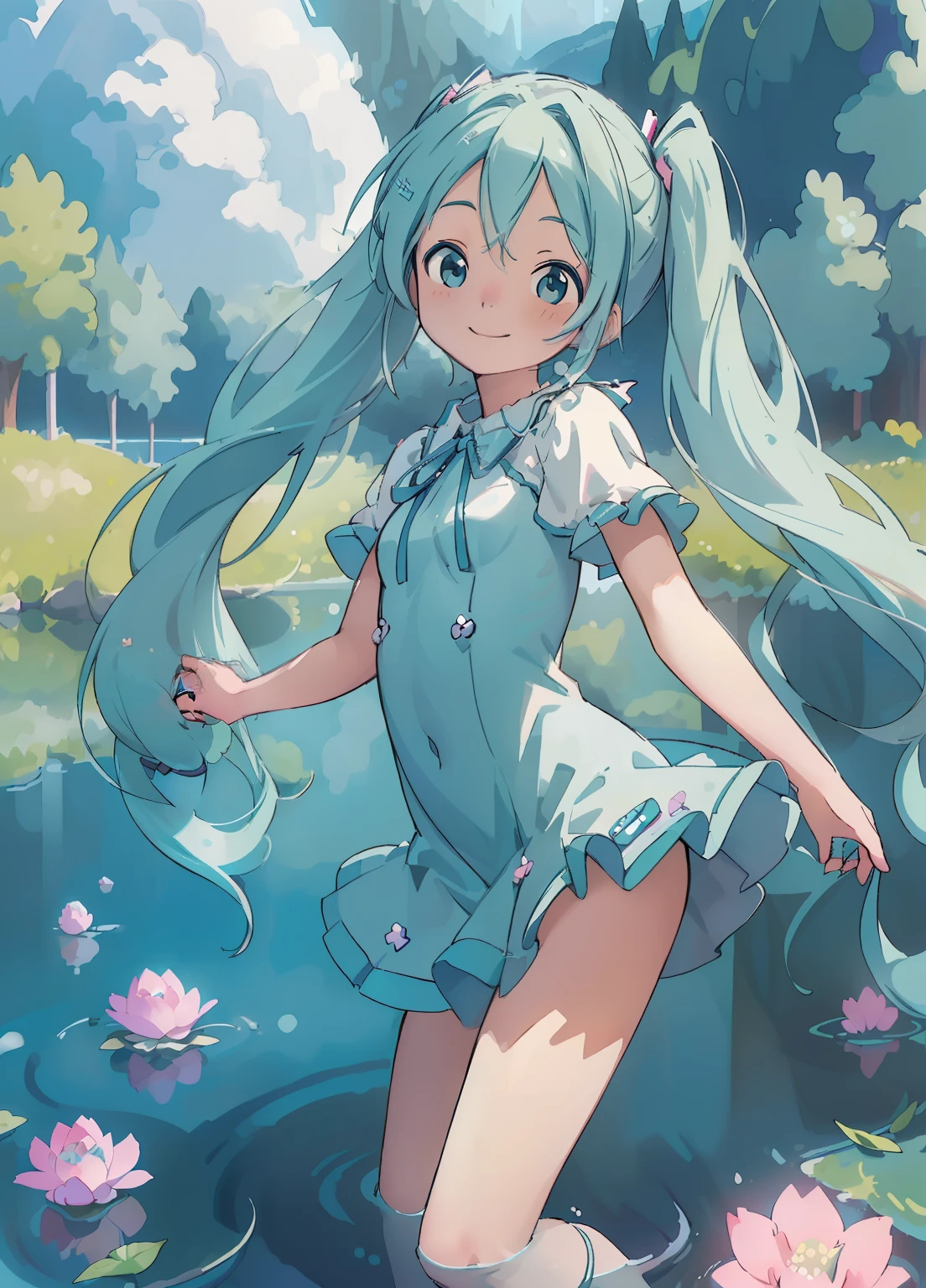(masterpiece、Highest quality、Highest quality、Official Art、Beautiful and beautiful:1.2)、(One girl:1.3)Hatsune Miku、Twin tails,Beautiful breasts,Amazingly realistic smiling girl images, Her clothes blend into the dreamy lakeside background, Enhanced further with mesmerizing multiple exposure effects.