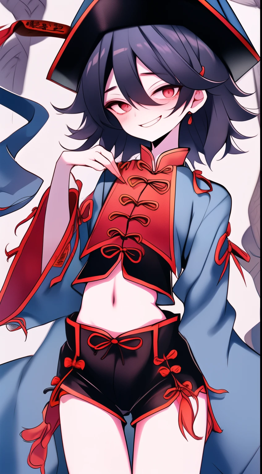 Best quality, Super detailed illustration, Warm colors, perfect lighting, (Jiangshi boy:1.6), (blue skin:2,6) , long shaggy unkempt hair ,Jiangshi clothing, long sleeves, black short shorts, open tummy ,open legs, tight clothing, Guangli hat ,smug smile, happy , a femboy, small waist, wide hips, slim, Perfect body, tricky glance, Scarlet eyes, black and lilac color of clothes