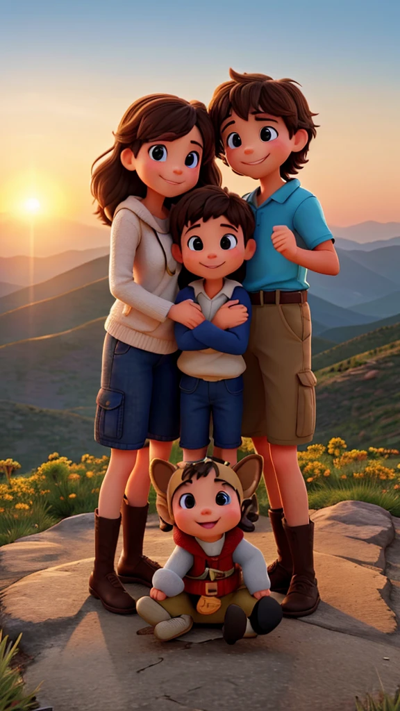 heartwarming family at the top of the mountain sunrise