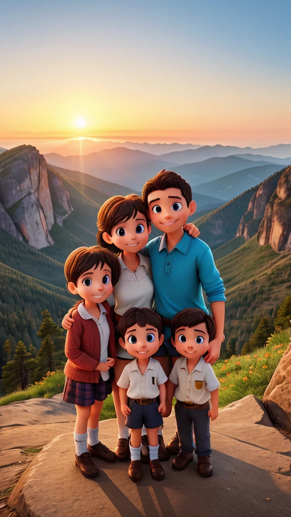 heartwarming family at the top of the mountain sunrise