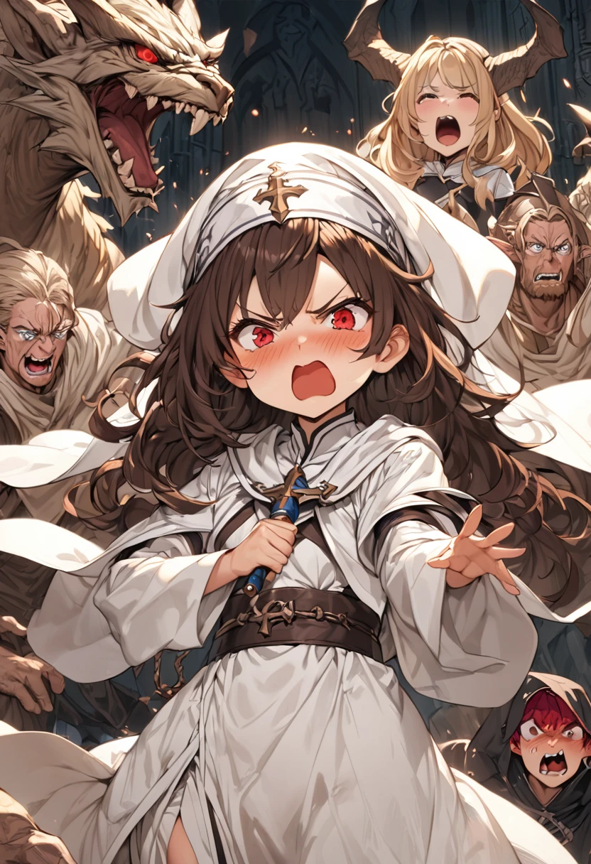 Adult female, average Height, very short brown nair, red eyes, cleric, black on white cleric robes, blushing, angry, tsundere, yelling, fantasy dungeon in the dark, running from monsters, highly detailed, high quality, perfect eyes
