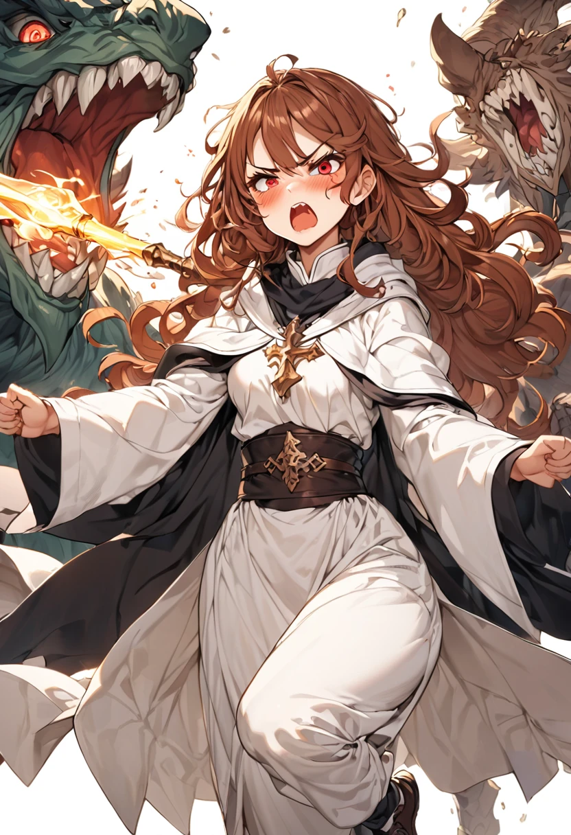 Adult female, average Height, very short brown nair, red eyes, cleric, black on white cleric robes, blushing, angry, tsundere, yelling, fantasy dungeon in the dark, running from monsters, highly detailed, high quality, perfect eyes