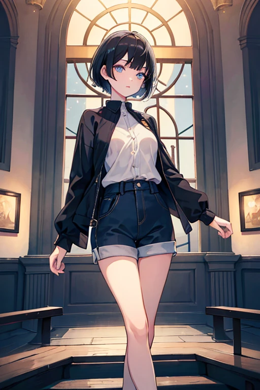 ((Highest quality)), ((masterpiece)), (Familiar), Illustration Style,Perfect Face,1 Girl,Black Hair,Short Hair,Glowing Skin,big, Bright Blue Eyes,Beautiful Bangs,Small breasts,Super Beauty,woman,16 years old,Shorts,Beautiful clothes,night