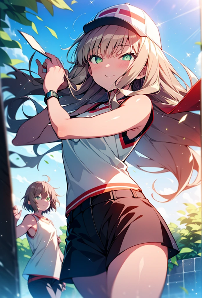 minami yume ,sss Dynazenon ,Long Hair, Brown Hair, (Green Eyes:1.5) ,blush,smile,hair band,Sleeveless shirt,Baseball cap,Long skirt,sneakers,Daytime,Clear skies,Walking,whole bodyがイラストに入るように,　　　　　　break　looking at viewer, whole body, 　　　　　　　break outdoors ,Building district,　　　　　　　　　　　　break (masterpiece:1.2), Highest quality, High resolution, unity 8k wallpaper, (shape:0.8), (Beautiful and beautiful eyes:1.6), Highly detailed face, Perfect lighting, Extremely detailed CG, (Perfect hands, Perfect Anatomy),