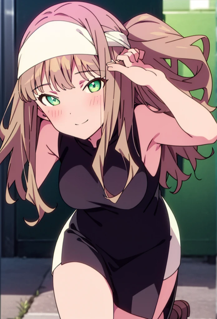 minami yume ,sss Dynazenon ,Long Hair, Brown Hair, (Green Eyes:1.5) ,blush,smile,hair band,Sleeveless shirt,Long skirt,short boots,Daytime,Clear skies,Walking,whole bodyがイラストに入るように, break looking at viewer, whole body,(Cowboy Shot:1. 5) , break outdoors ,Building district, break (masterpiece:1.2), Highest quality, High resolution, unity 8k wallpaper, (shape:0.8), (Beautiful and beautiful eyes:1.6), Highly detailed face, Perfect lighting, Extremely detailed CG, (Perfect hands, Perfect Anatomy),