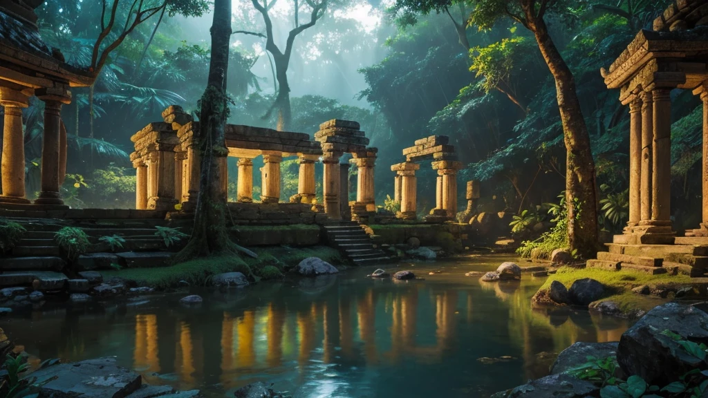 "An ancient temple ruins in a lush jungle setting, illuminated by the soft glow of twilight. Carvings on the temple walls depict scenes of souls ascending towards a radiant sun, symbolizing transcendence and rebirth. Nearby, a serene river flows gently, reflecting the temple's image and creating a mirror-like effect that blurs the boundary between earthly existence and the spiritual realm. Monkeys and tropical birds perch nearby, adding a sense of natural wonder and ancient wisdom to the scene."