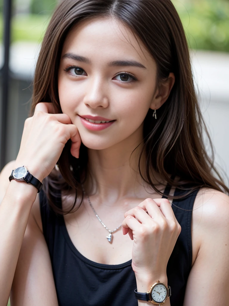 (masterpiece, best quality, ultra-detailed, highres, 4k),(beautiful detailed eyes),(very detailed face),(1girl),HDR,long hair, shorts, phone, brown eyes, brown hair, cellphone, bracelet, tank top, jewelry, watch, lips, solo focus, nail polish, blurry background, smile, wristwatch, realistic, blurry, looking at viewer