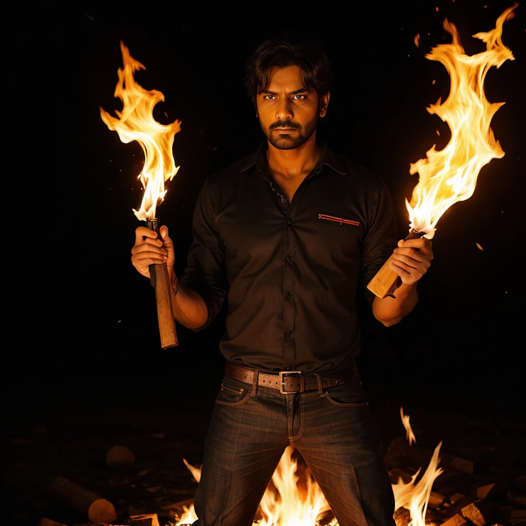A guy standing with Black background and fire and dangerous theme and write the movies wala on the image