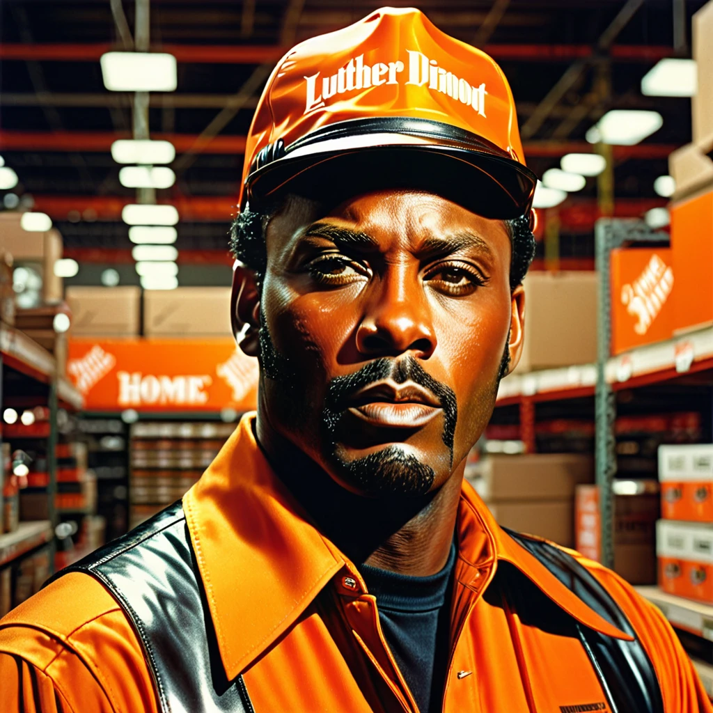 1970s r&b male superstar "Luther Diamond" in "Home Depot" uniform,detailed realistic portrait, hyper-realistic, high contrast lighting, dramatic chiaroscuro, dramatic shadows, highly detailed, incredibly detailed, cinematic, glowing skin, piercing eyes, power tools, Home Depot logo, vinyl album cover, vintage aesthetic, warm color tones, analog film grain, masterpiece, best quality, 8k, photorealistic, professional studio lighting