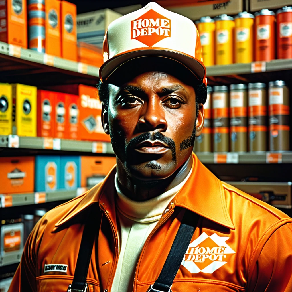 1970s r&b male superstar "Luther Diamond" in "Home Depot" uniform,detailed realistic portrait, hyper-realistic, high contrast lighting, dramatic chiaroscuro, dramatic shadows, highly detailed, incredibly detailed, cinematic, glowing skin, piercing eyes, power tools, Home Depot logo, vinyl album cover, vintage aesthetic, warm color tones, analog film grain, masterpiece, best quality, 8k, photorealistic, professional studio lighting