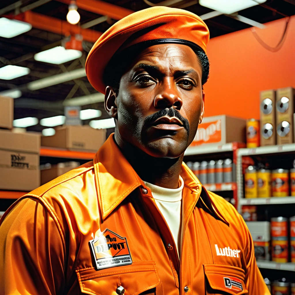 1970s r&b male superstar "Luther Diamond" in "Home Depot" uniform,detailed realistic portrait, hyper-realistic, high contrast lighting, dramatic chiaroscuro, dramatic shadows, highly detailed, incredibly detailed, cinematic, glowing skin, piercing eyes, power tools, Home Depot logo, vinyl album cover, vintage aesthetic, warm color tones, analog film grain, masterpiece, best quality, 8k, photorealistic, professional studio lighting