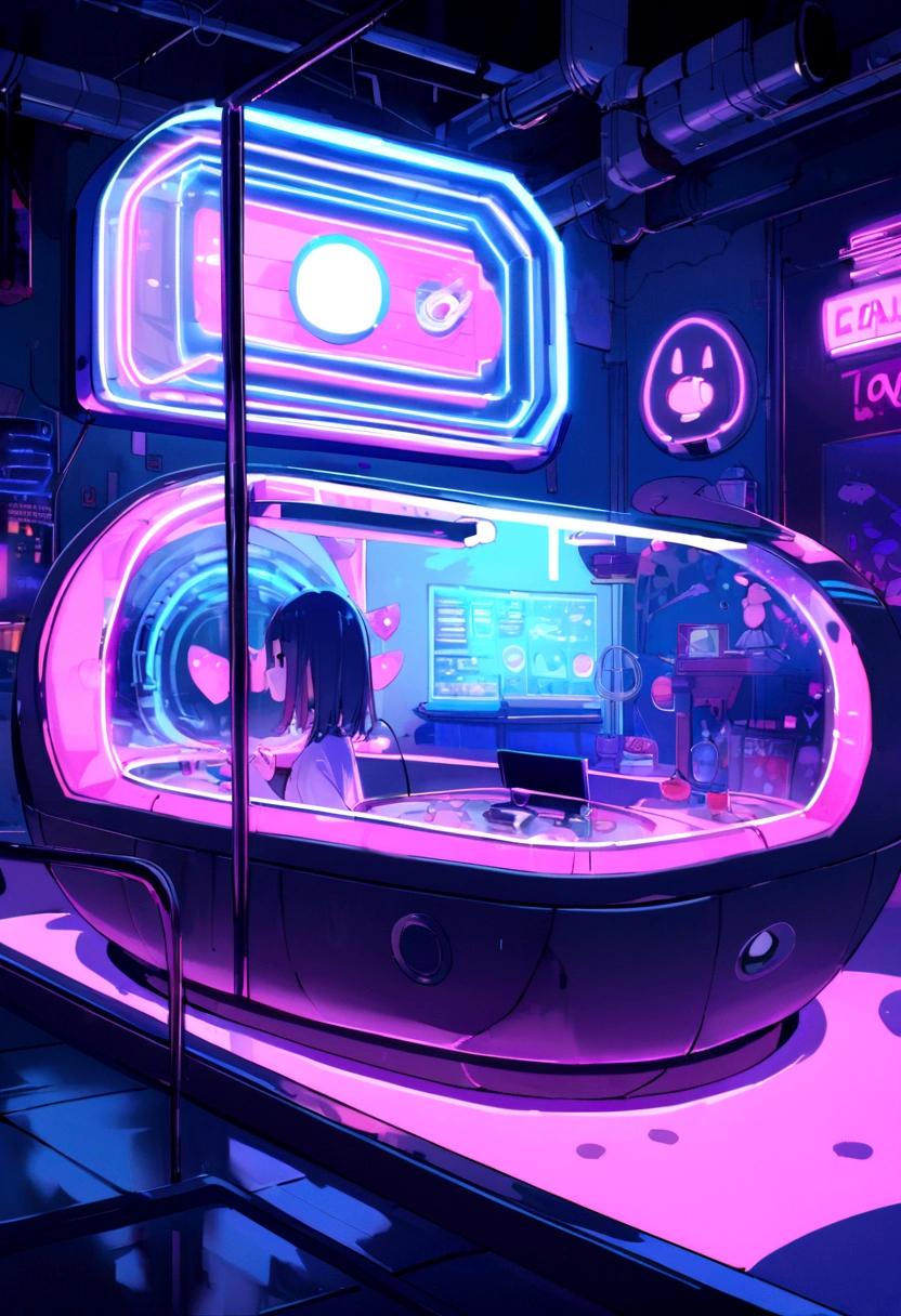 Floating on the seabed、A beautiful world of neon lights。A round capsule is floating in the middle of it.。Inside the capsule、There is a bed that emits neon lights.。