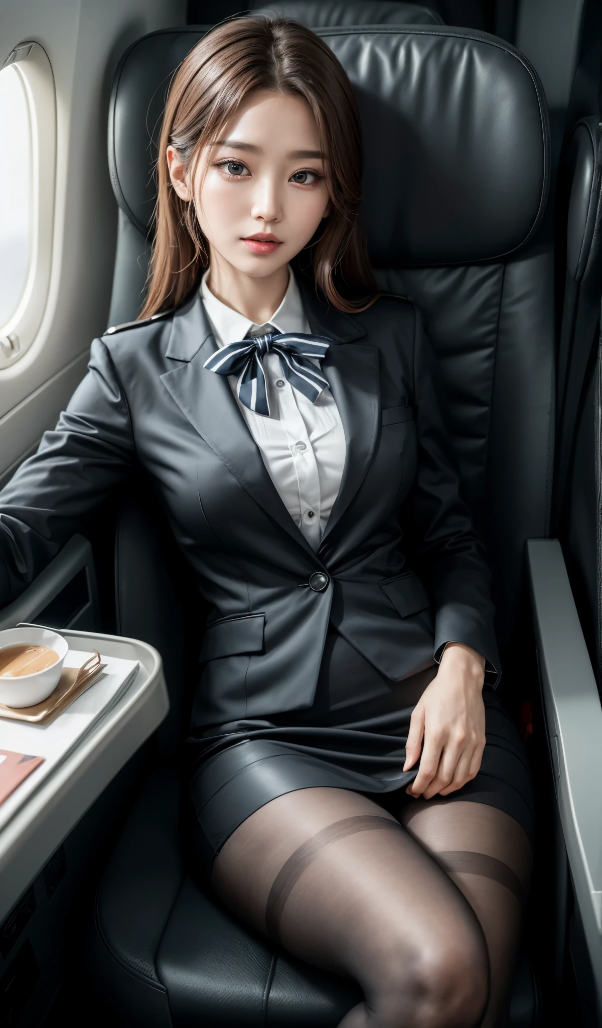 (highest quality, 8k, 32k, masterpiece, Ultra-high resolution:1.2),Beautiful Japanese Women Photos, 30 years old, alone、(Medium short dark brown hair), ((Sleeping in a Shinkansen seat, Look down、Close ~ eyes, Unconscious、front)), ((Grey pencil skirt, Grey business jacket, White Business Shirt))、