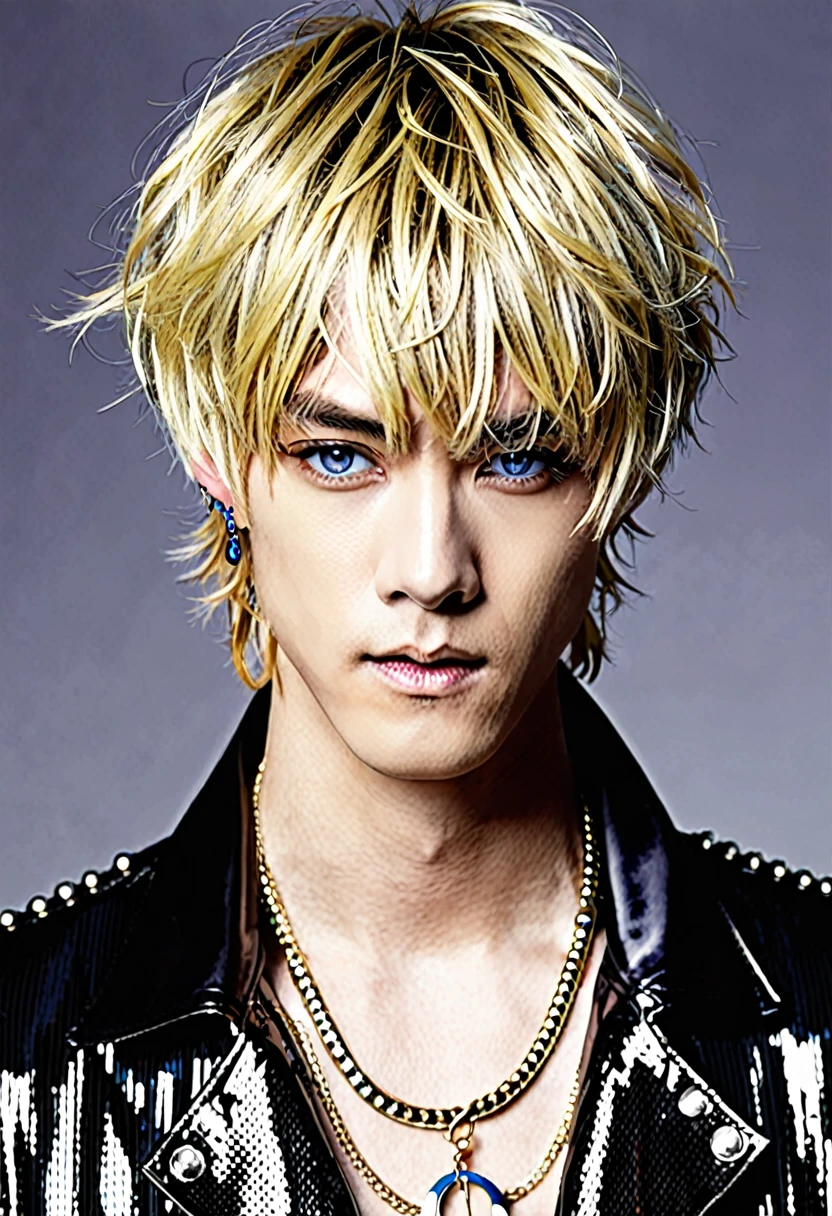 Ultra-high resolution,(Realistic:1.4), ((Highest quality)), ((masterpiece)), Blonde,Short Hair、Flowing bangs、blue eyes,Cool guy,Musician、Close-up、adultの歳,Short bangs,Cool piercings,Sparkling、Sidelong glance、Alluring、adult、looks strong、Visual Kei、Handsome、HYDE、Droopy eyes、Singing、Charisma、Boyish