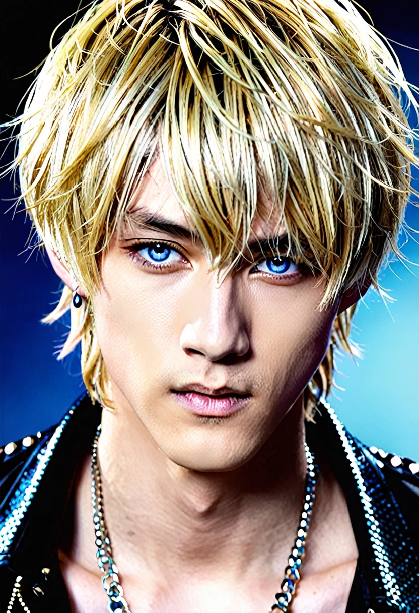 Ultra-high resolution,(Realistic:1.4), ((Highest quality)), ((masterpiece)), Blonde,Short Hair、Flowing bangs、blue eyes,Cool guy,Musician、Close-up、adultの歳,Short bangs,Cool piercings,Sparkling、Sidelong glance、Alluring、adult、looks strong、Visual Kei、Handsome、HYDE、Droopy eyes、Singing、Charisma、Boyish
