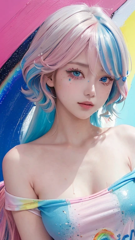 (Pink Fashion T-shirt:1.9),(colored hair:1.8),(All colors of the rainbow:1.8),(((verticalpainting:1.6)),(:1.6),front,漫painting,illustration,,Smile,big eyes,Crystal clear eyes,Very huge,The are exaggerated,Huge breasts,Full and plump ,(Rainbow colored semi-long hair:1.7),Exquisite cosmetics,shut your mouth,(Small fresh:1.5),(Wipe chest:1.6),Long eyelashes,White off-the-shoulder T-shirt。,White Off-the-Shoulder Sleeve Shirt,Looking at the audience,blue eyes,(Rainbow Hair:1.6),color splotches,(Solitary:1.8),color splotches,color splotches,color explosion,Thick paint style,Messy lines,((shining),(color),(color),(color),(color),color,Thick paint style,(color splotches),(color)splash,vertical,Upper Body,paintsplash,acrylic painting,slope,paint,Highest image quality,best quality,masterpiece,Solitary,Depth of Field,Topcoat,Colorful clothes,(grace:1.2),Gorgeous,Zuo Feng, (grace的: 1.3), (petal: 1.4),(((masterpiece))),(((best quality))),((Extremely detailed)),(illustration),(Dynamic Angle),((floating)),(painting),((Messy hair)),(Solitary),(1 Girl) , (((Delicate anima face))),((Beautiful and delicate face)),collar,Bare shoulders,Blue Hair, ((colorful hair)),((Striped hair)),Beautiful and delicate eyes,(Gradient color eyes),(((colorful eyes))),(((colorful background))),(((High Saturation))),(((surrounded by colorful splashes))),(((colorful background))),(((High Saturation))),(((surrounded by colorful splashes))),(((colorful background))),(((High Saturation))),(((surrounded by colorful splashes))),