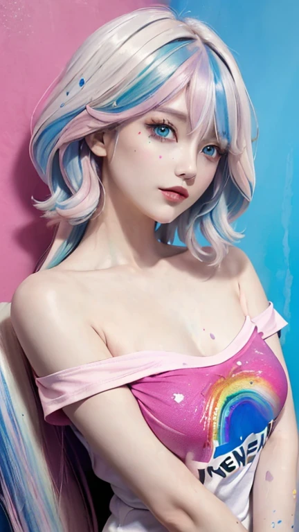(Pink Fashion T-shirt:1.9),(colored hair:1.8),(All colors of the rainbow:1.8),(((verticalpainting:1.6)),(:1.6),front,漫painting,illustration,,Smile,big eyes,Crystal clear eyes,Very huge,The are exaggerated,Huge breasts,Full and plump ,(Rainbow colored semi-long hair:1.7),Exquisite cosmetics,shut your mouth,(Small fresh:1.5),(Wipe chest:1.6),Long eyelashes,White off-the-shoulder T-shirt。,White Off-the-Shoulder Sleeve Shirt,Looking at the audience,blue eyes,(Rainbow Hair:1.6),color splotches,(Solitary:1.8),color splotches,color splotches,color explosion,Thick paint style,Messy lines,((shining),(color),(color),(color),(color),color,Thick paint style,(color splotches),(color)splash,vertical,Upper Body,paintsplash,acrylic painting,slope,paint,Highest image quality,best quality,masterpiece,Solitary,Depth of Field,Topcoat,Colorful clothes,(grace:1.2),Gorgeous,Zuo Feng, (grace的: 1.3), (petal: 1.4),(((masterpiece))),(((best quality))),((Extremely detailed)),(illustration),(Dynamic Angle),((floating)),(painting),((Messy hair)),(Solitary),(1 Girl) , (((Delicate anima face))),((Beautiful and delicate face)),collar,Bare shoulders,Blue Hair, ((colorful hair)),((Striped hair)),Beautiful and delicate eyes,(Gradient color eyes),(((colorful eyes))),(((colorful background))),(((High Saturation))),(((surrounded by colorful splashes))),(((colorful background))),(((High Saturation))),(((surrounded by colorful splashes))),(((colorful background))),(((High Saturation))),(((surrounded by colorful splashes))),