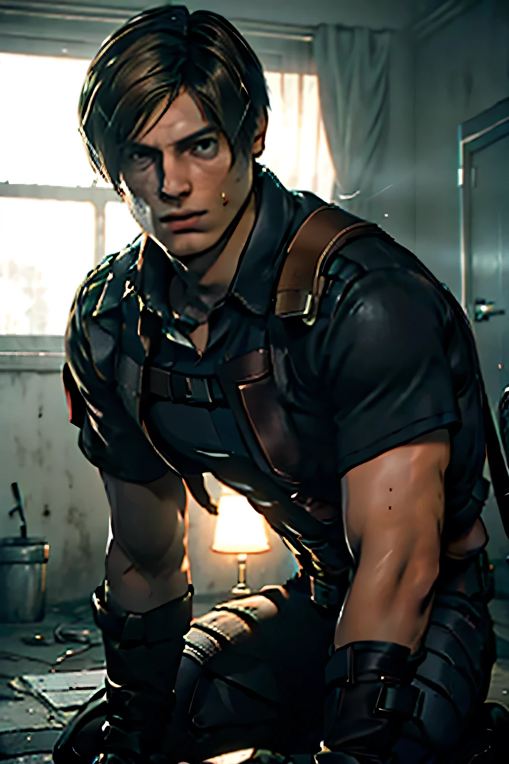 1 man, young man, 27 years old, Leon S. Kennedy from the movie "Resident Evil 4", Eudard Badaluta's face, solo,Dark brown hair, Curtain hairstyle, black leather gloves , kneeling, sports surround lighting, depth of field