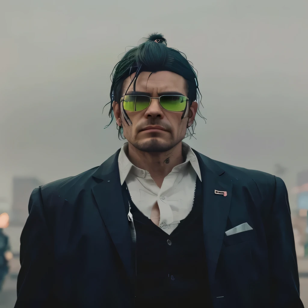 there is a man with a green ponytail and glasses on, in cyber punk 2077, as a character from gtav, taken in the early 2020s, gta character, style of seb mckinnon, cyberpunk street goon, ( ( glitch art ) ), inspired by Jang Seung-eop, eldritchpunk