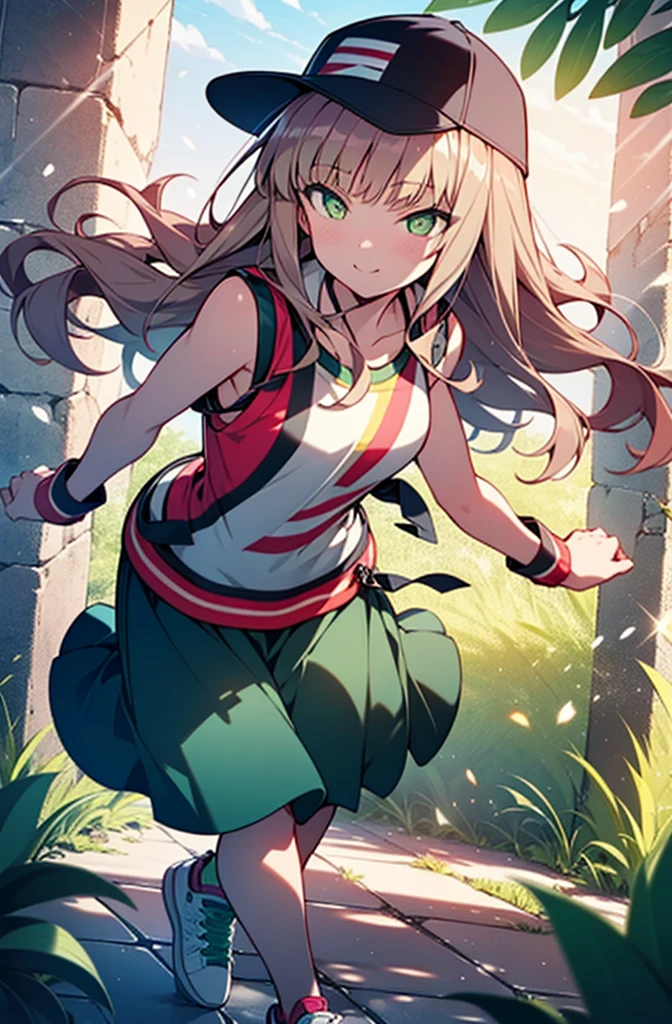 minami yume ,sss Dynazenon ,Long Hair, Brown Hair, (Green Eyes:1.5) ,blush,smile,hair band,Sleeveless shirt,Baseball cap,Long skirt,sneakers,Daytime,Clear skies,Walking,whole bodyがイラストに入るように, break looking at viewer, whole body, break outdoors ,Building district, break (masterpiece:1.2), Highest quality, High resolution, unity 8k wallpaper, (shape:0.8), (Beautiful and beautiful eyes:1.6), Highly detailed face, Perfect lighting, Extremely detailed CG, (Perfect hands, Perfect Anatomy),