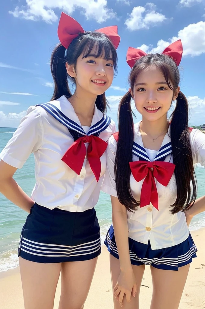 2 girls standing in beach,cumulonimbus cloud in summer blue sky,white sailor shirt with red bow tie,BREAK,white panties,18-year-old,bangs,a little smile,thighs,knees,short hair with low pigtails bunches,from below,front light