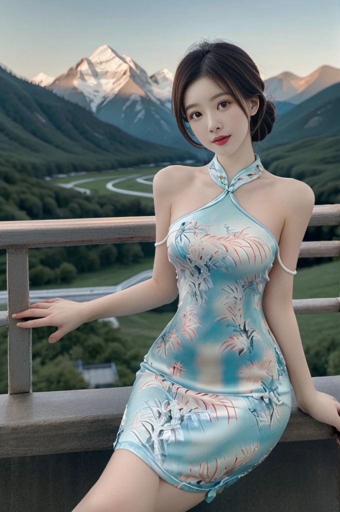 best quality,Human Development Report,Ultra HD,8K,Bright colors,Solitary,photo_,(1 Girl:1.3),(permanent:1.3),(Looking at the audience:1.4),elegant,detailed gorgeous face,(Cowboy shooting:1.2),(Mountain Background:1.2),rc,cheongsam,