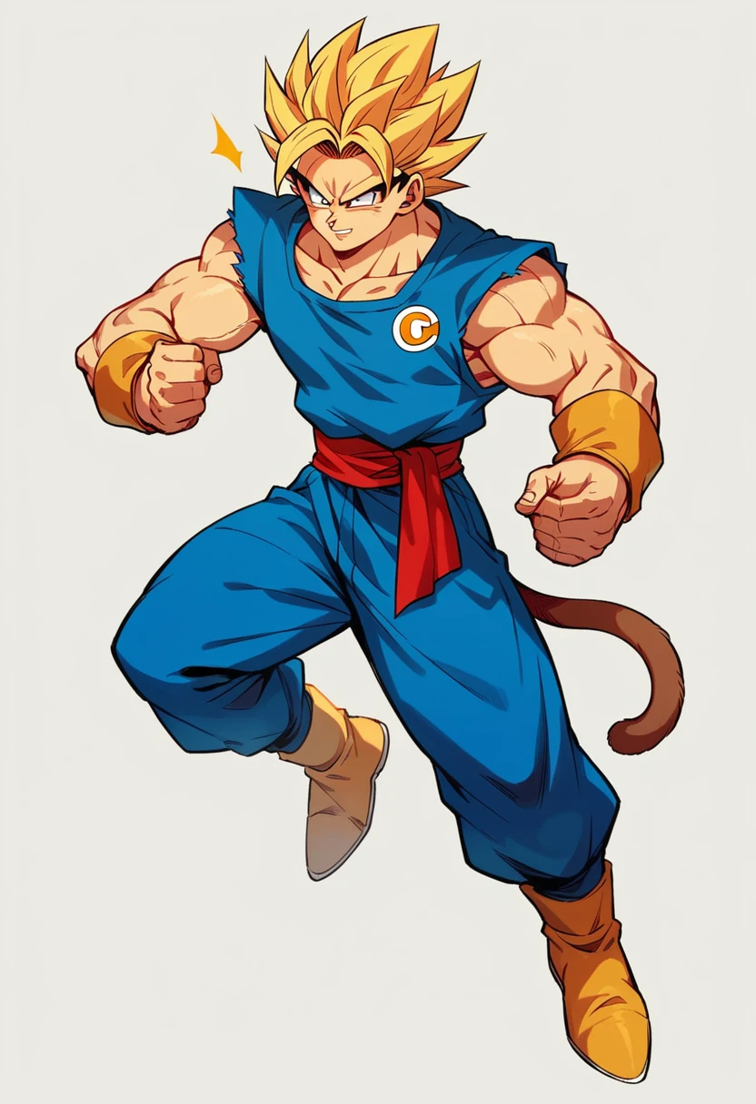 He has spiky yellow hair, super saiyan, wears a blue uniform with a red sash at the waist. Your boots and gloves are blue (tenebrosa). has a brown tail, similar to a monkey, Anime dash, dragon ball z dash