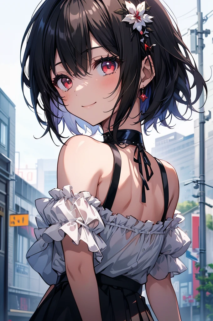 (masterpiece, highest quality, highest quality, (No text), Beautiful and aesthetic:1.2),No text,アニメ、BREAK,One Girl,Black Hair Girl short hair older sister choker Tree Eyes Beautiful eyes Red eyes cool smile Red and Black Black clothing mini skirt whole body In town