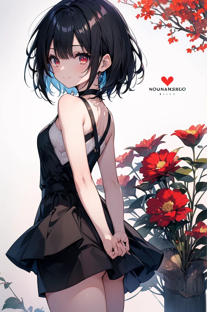 (masterpiece, highest quality, highest quality, (No text), Beautiful and aesthetic:1.2),No text,アニメ、BREAK,One Girl，Black Hair Girl　short hair　older sister　choker　Tree Eyes　Beautiful eyes　Red eyes　cool　smile　Red and Black　Black clothing　mini skirt　whole body　In town