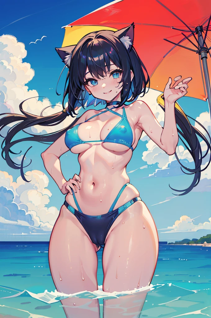 (masterpiece), best quality, perfect face, (masterpiece, high quality, highest quality:1.2), 1girl, solo, black hair, (bob hair), medium breast, blue sky, (monokini), (thick thighs), (cameltoe:1.2), smile, nipples, sky, clouds, cat ears, beach, ((in water)), wet, sweaty, ((sexy body)), (wide hips),