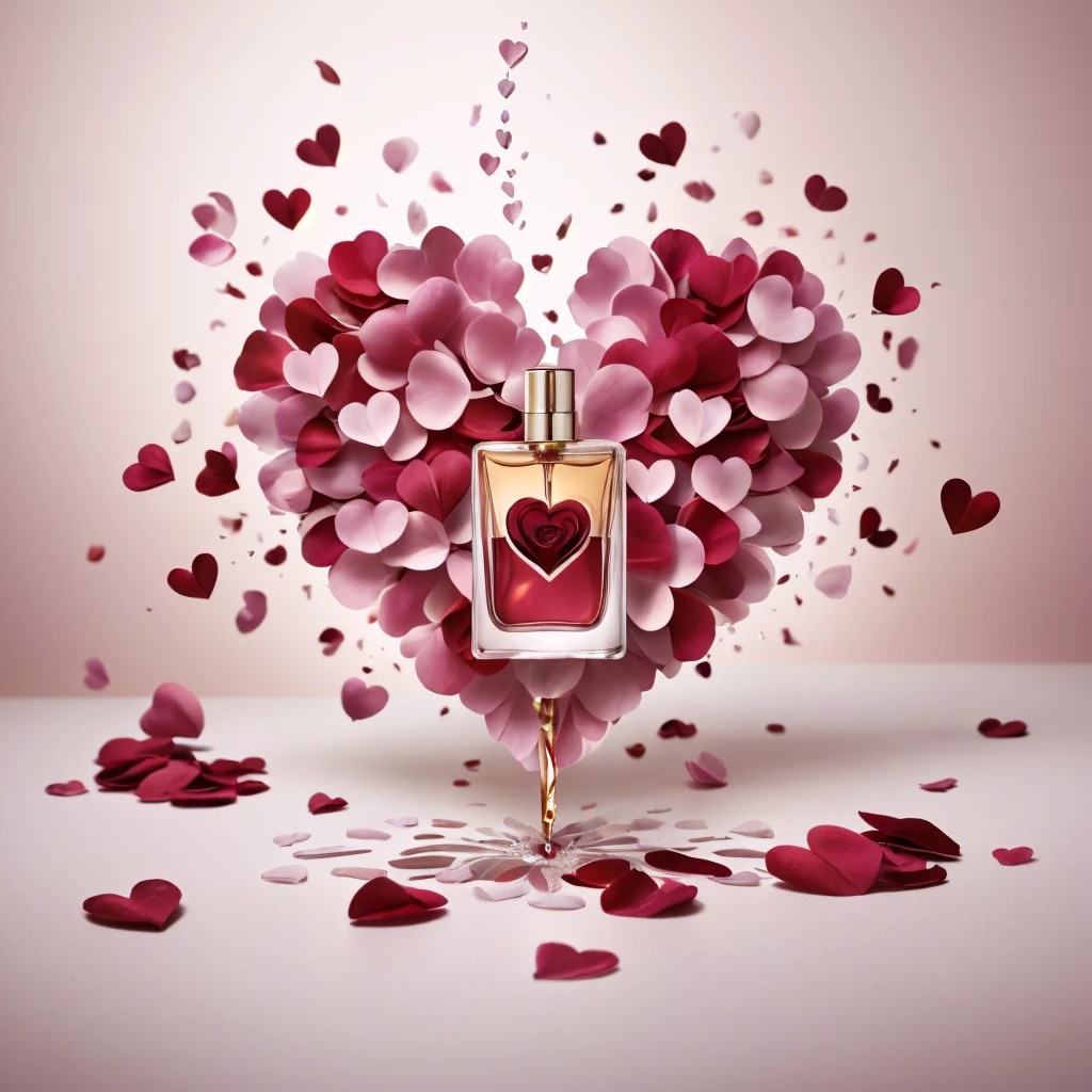 hanging perfume container spilling cascading red hearts transitioning with colorful rose petals to the floor, araffe heart shaped bottle of perfume with petals and hearts flying around, by Aleksander Kotsis, by Zofia Stryjenska, by Jakob Gauermann, by Arabella Rankin, by Emma Andijewska, by Anna Findlay, by Alfredo Volpi, by Mathias Kollros, by Gabriel Ba, by Anato Finnstark