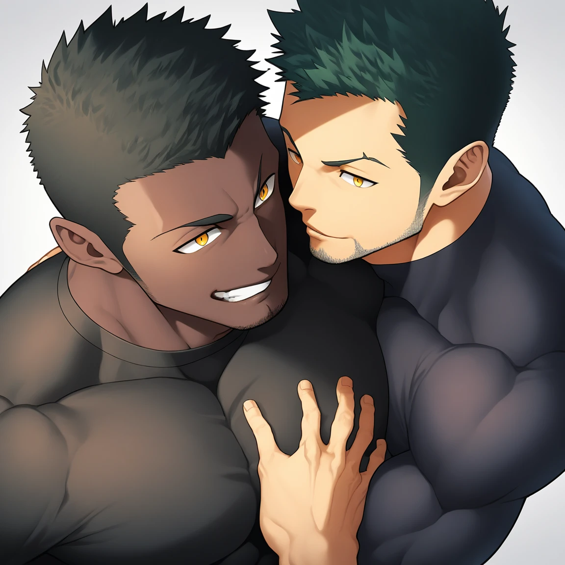 anime characters:Two superheroes in tights, Priapus and the faceless muscular monk, negro black skin, They hugged and kissed each other, Bite your neck, Caress, Manliness, male focus, Yellow and black high collar long sleeve tight T-shirt, Slightly transparent material, Very tight, Round, full and perky chest muscles, Muscle waist, Slightly transparent, muscular male, muscular, only, Upper body, alone, Black short hair, Thick eyebrows, stubble, Yellow eyes, Grey background, simple background, amazing quality, best aesthetics, Ridiculous, bright pupils, crew cut, parted lips, seductive smile, torogao, naughty face, drop shadow, best quality