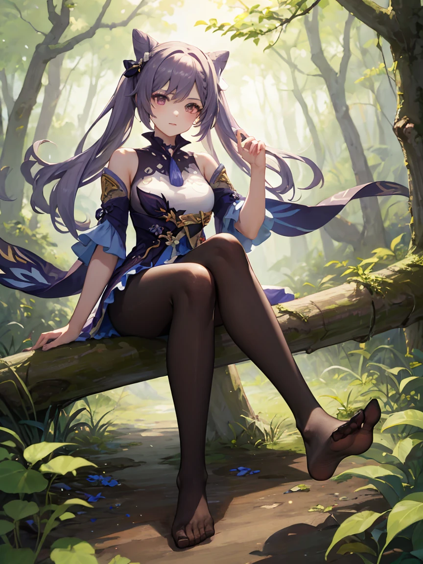 masterpiece, Highest quality, Stingy, Genshin Impact_Keqing, The best of art, Default attire, detailed, High resolution,in the forest,Sitting,black tights,Show the soles of your feet, one leg up, (sole of foot, toe:1.2), barefoot