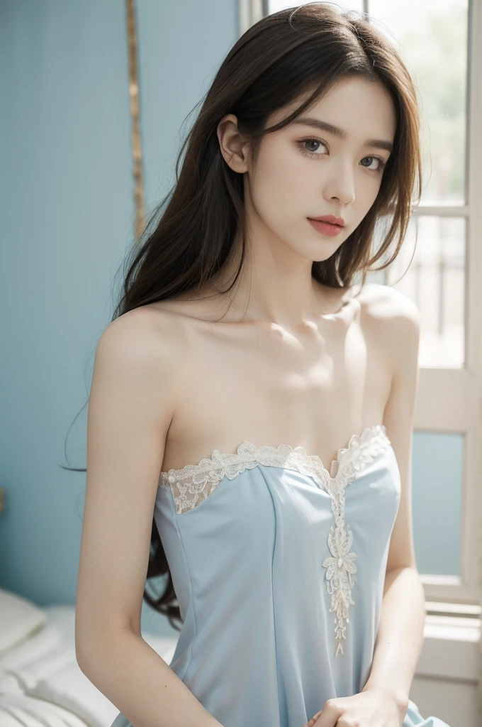 (((best quality))),(((ultra detailed))),(((masterpiece))),illustration,((1 beautiful girl,solo)),slim,thin,small breasts,flat chest,shoulder length straight hair,on bed,dilapidated,hotel room,summer's afternoon,anticipation,shyness,date,big almond-shaped eyes,excited,nervous,fair skin,flawless,rosy cheeks,strapless light blue bra,slender figure,delicate collarbones,white flowers,delicate silver chain,rusty bed frame,peeling wallpaper,white lace curtain,warm sunlight,soft warm glow,old-fashioned radio,cheerful tune,nervousness,heart pounding,excitement,door,plain attire,electric atmosphere,love,butterflies,((from front,close-up of face))