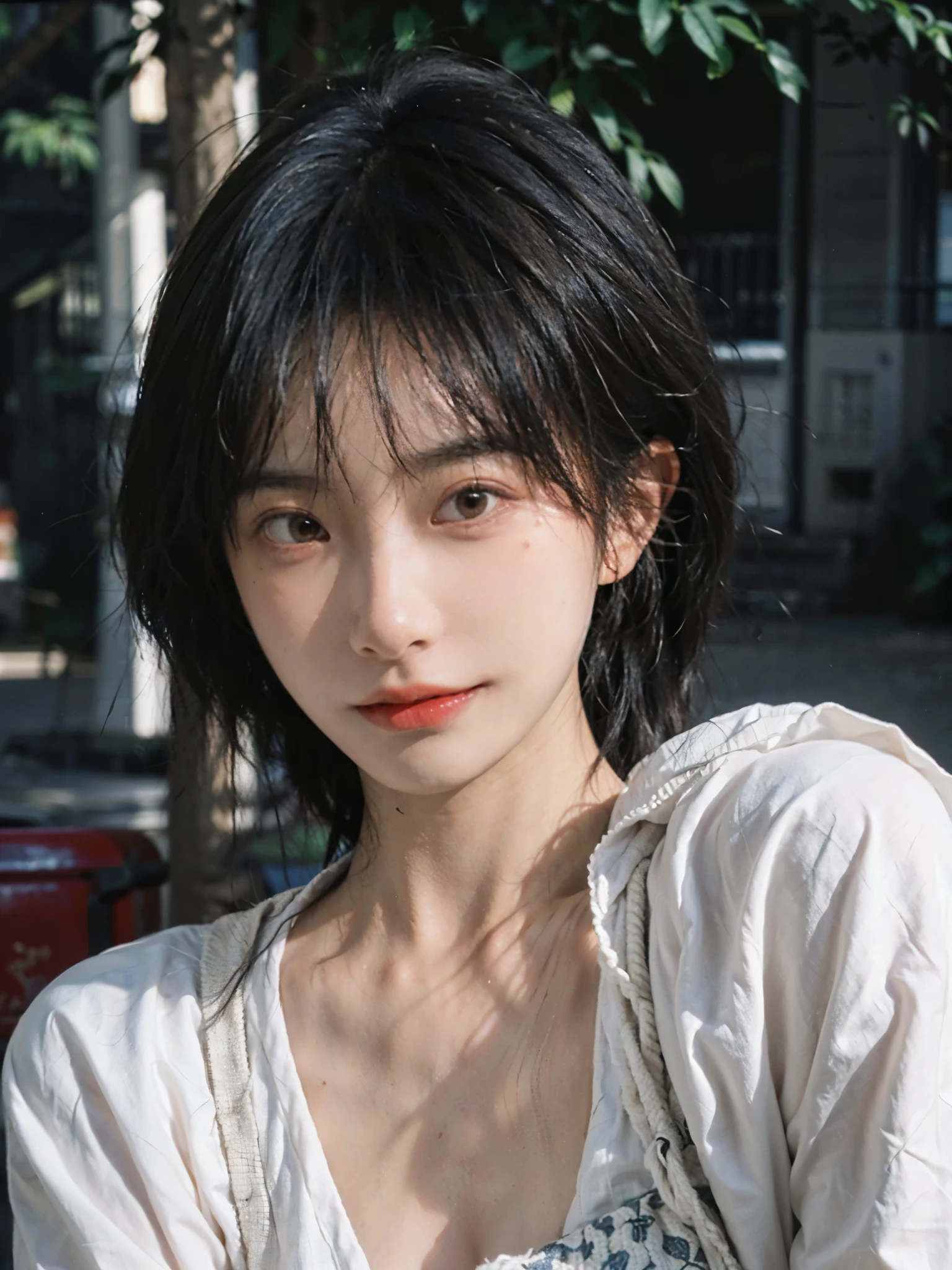 (Skin details:1.4), (smooth skin textures:1.3), （Upper body：1.4），（Upper Body：1.3）Lipstick, background, earrings, serene, calm, Suspenders，(Realistic and detailed eyes：1.2）, Natural skin texture, Realistic facial details, Soft dramatic lighting, Vivid details, 35 mm film, outdoor, (Photo Practical:1.4), (hyper Practical:1.4), (Practical:1.3), (Smoother lighting:1.05), (Improve lighting quality:0.9), (Highest quality real skin textures:1.4), Exquisite eyes, Delicate face, Close-up of face, (Enhance the beauty of skin texture:1.1), Hair details,（Large Breasts：1.3）normal body ratio, short hair, Moles under the eyes, A faint smile,Portrait Photography, Depth of Field, Bokeh, Surrealism, Ray Tracing, (Portrait Photography:1.1), Surrealism, High Detail, Chiaroscuro, Ray Tracing, reflected light, Ultra HD, Ultra HD, masterpiece, Textured Skin, Super Detail, High Detail, high quality, best quality