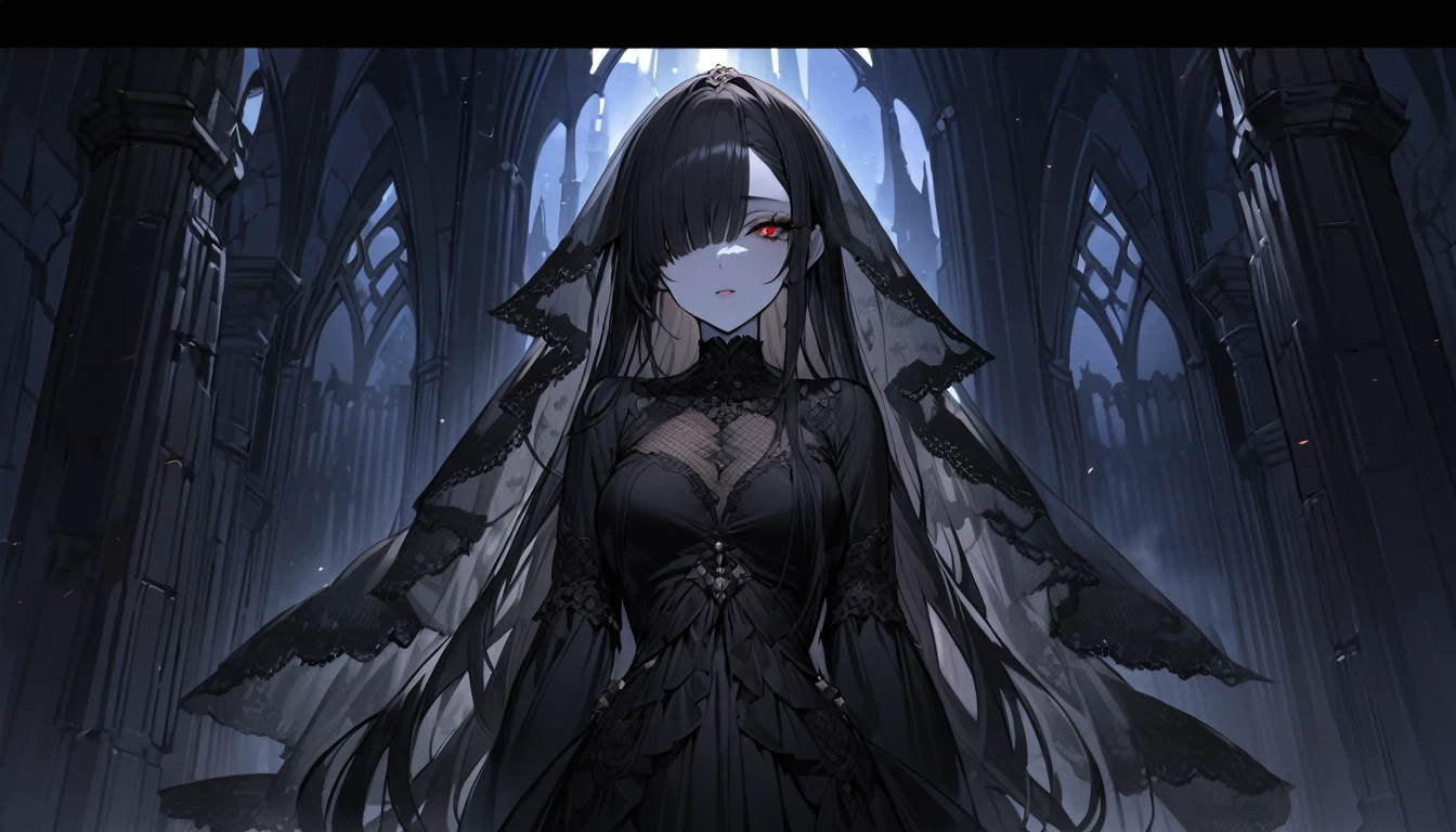 (Very detailed:1.3), ((((Highest quality)))), ((masterpiece)), Focus on women, alone,HotFire, Stunning beauty, Strong shine, Detailed face, Fine grain, Detailed lips,Castle interior background,(at night),moonlight,((Black Hair)),Long Hair, Black mourning,((Mourning veil)),Red eyes, (Pale skin:1.2),Melancholic expression,Straight bangs,Bangs covering the forehead,Almond-shaped eyes,Very cute face,Cowboy Shot, (Hair on one eye),Sheer sleeves,Two arms