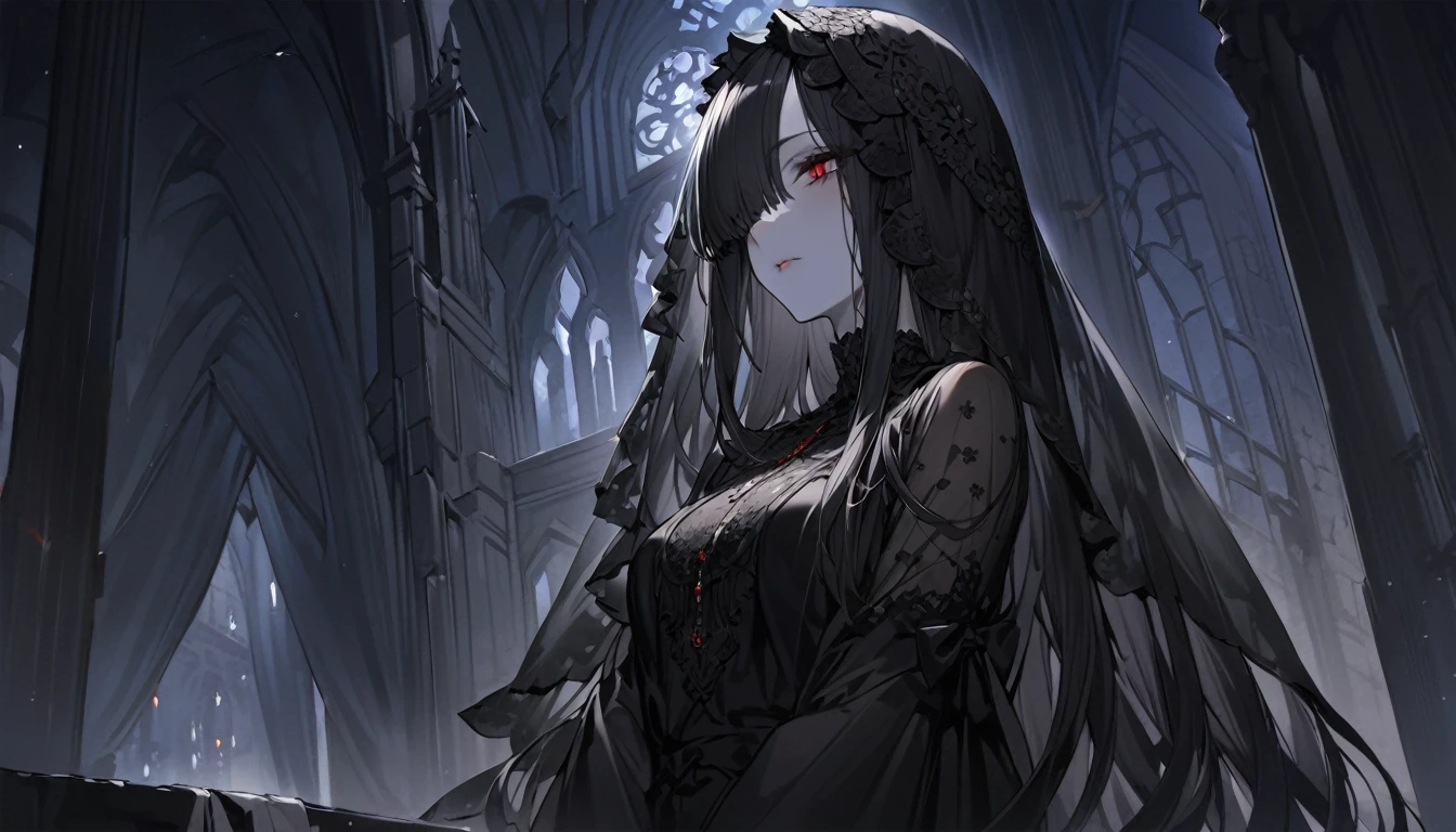 (Very detailed:1.3), ((((Highest quality)))), ((masterpiece)), Focus on women, alone,HotFire, Stunning beauty, Strong shine, Detailed face, Fine grain, Detailed lips,Castle interior background,(at night),moonlight,((Black Hair)),Long Hair, Black mourning,((Mourning veil)),Red eyes, (Pale skin:1.2),Melancholic expression,Straight bangs,Bangs covering the forehead,Almond-shaped eyes,Very cute face,Cowboy Shot, (Hair on one eye),Sheer sleeves,Two arms