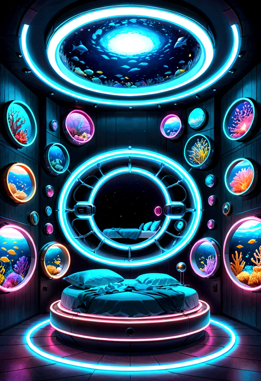 Floating on the seabed、A beautiful world of neon lights。A round capsule is floating in the middle of it.。Inside the capsule、There is a bed that emits neon lights.。