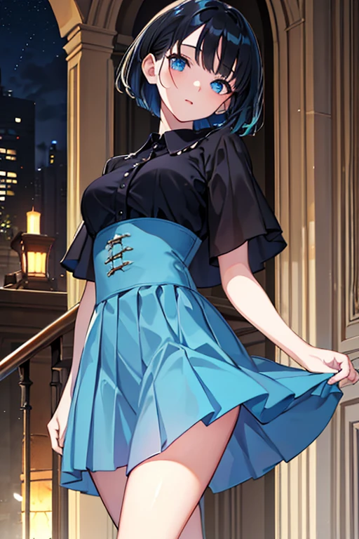((Highest quality)), ((masterpiece)), (Familiar), Illustration Style,Perfect Face,1 Girl,Black Hair,Short Hair,Glowing Skin,big, Bright Blue Eyes,Beautiful Bangs,Small breasts,Super Beauty,woman,16 years old,mini skirt,Beautiful clothes,evening